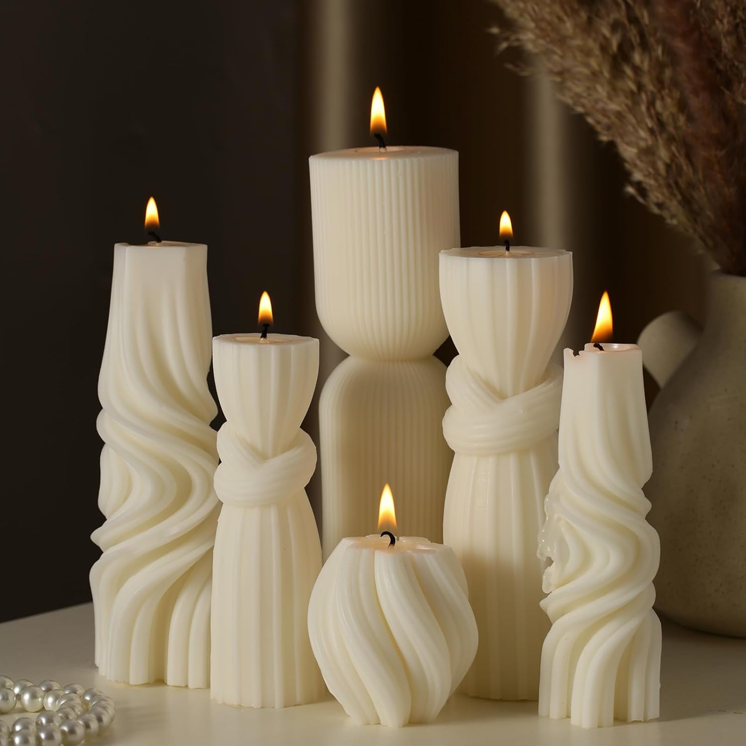 Threlaco 6 Pcs Pillar Candles Modern Aesthetic Ribbed Decorative Candle Set Cute Soy Wax Scented Ribbed Decor for Home(White,2.36 - 6.89 Inch) - Homesidy.com
