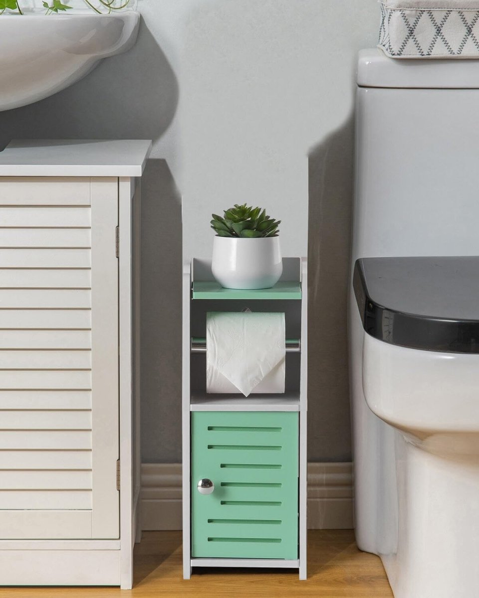 AOJEZOR Toilet Paper Holder Stand: No Drill PVC Small Bathroom Cabinet for Apartment Dwellers - Rental Deposit Protection - Small Space Storage Saving - Homesidy.com