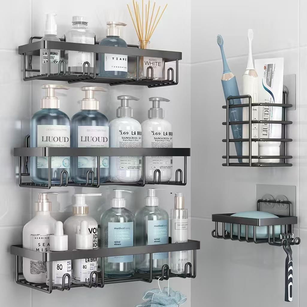 Liuoud 5 Pack Shower Caddy Organizer Rack Shelf for Inside Shower, Adhesive Bathroom Wall Storage Basket Rustproof Stainless Steel Shampoo Holder, Girly Bathroom Accessory Decor Set, Pink - Homesidy.com
