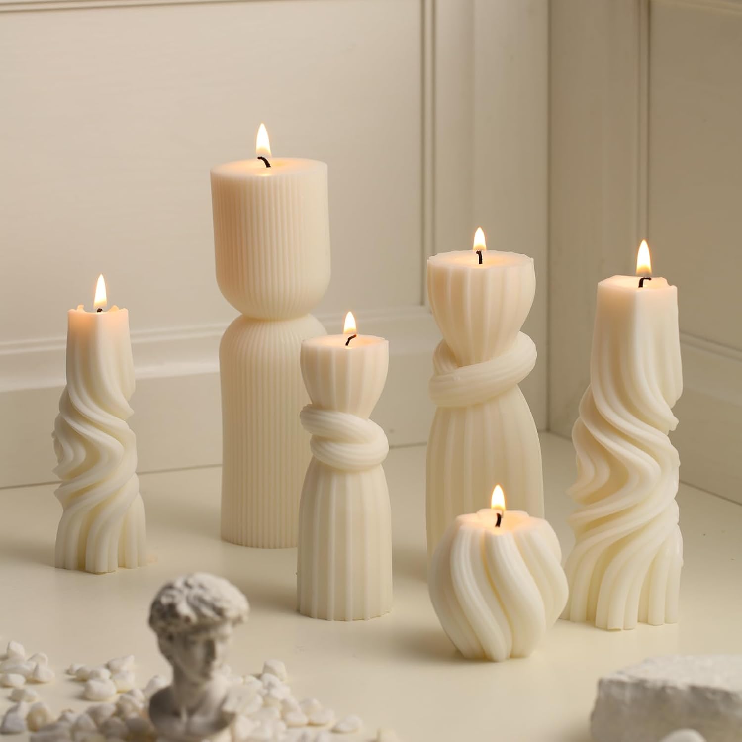Threlaco 6 Pcs Pillar Candles Modern Aesthetic Ribbed Decorative Candle Set Cute Soy Wax Scented Ribbed Decor for Home(White,2.36 - 6.89 Inch) - Homesidy.com