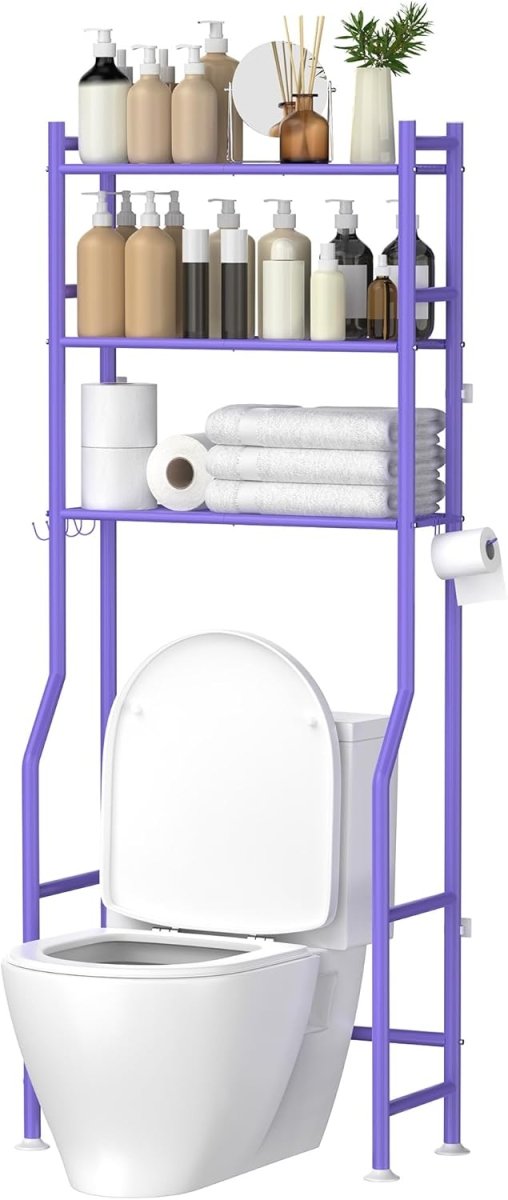 GloTika 3 - Tier Over The Toilet Storage, Space Saver Metal Bathroom Shelves, Freestanding Above Over Toilet Storage Shelf with 4 Hooks for Bathroom, Black - Homesidy.com