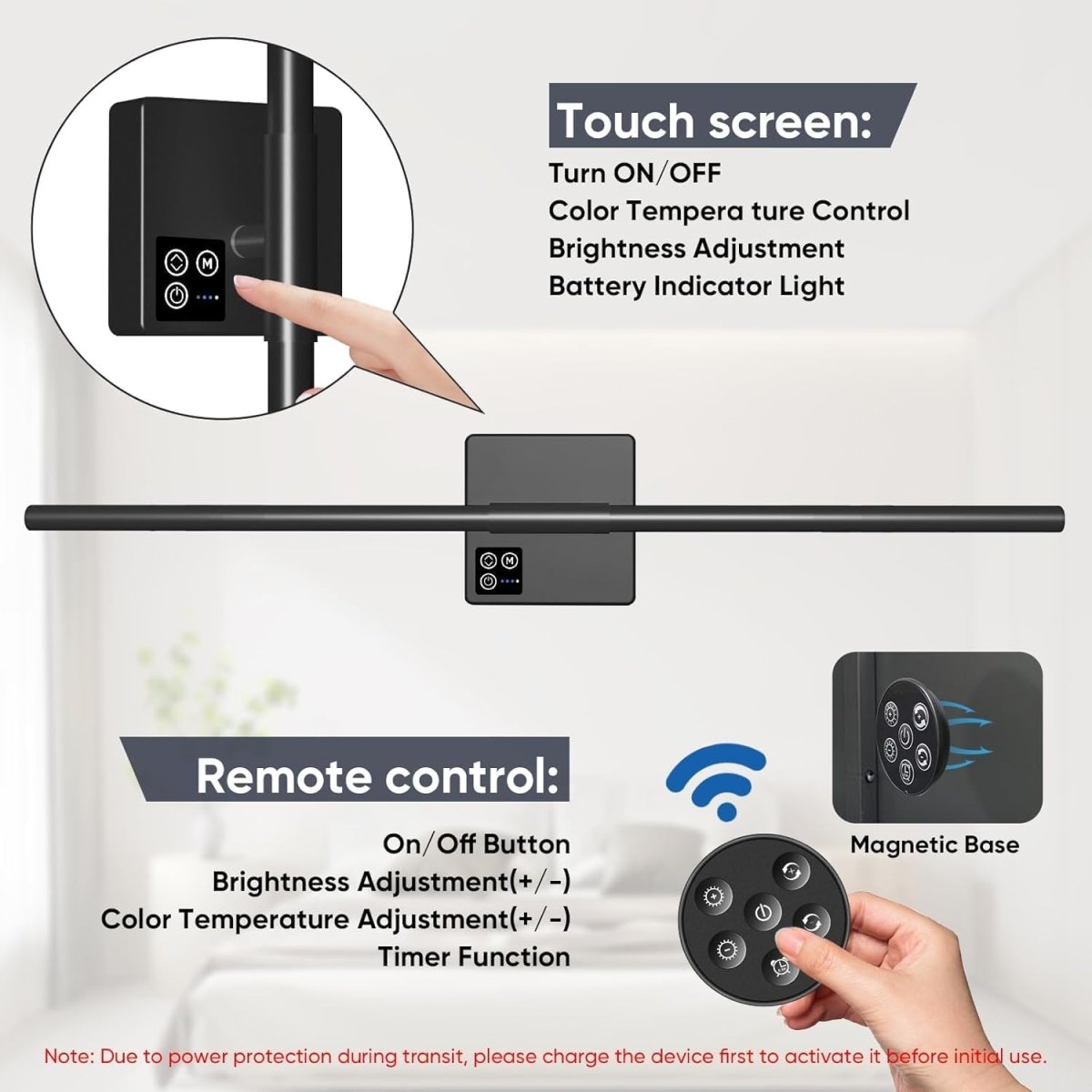 31in Wireless Wall Sconces Set of Two, [Creates Sunset Glow Ambiance] Dimmable 2700K–6000K with 8000mAh Battery &amp; Display, Touch/Remote Control, Rechargeable Wall Lamps for Home Decor – Black - Homesidy.com