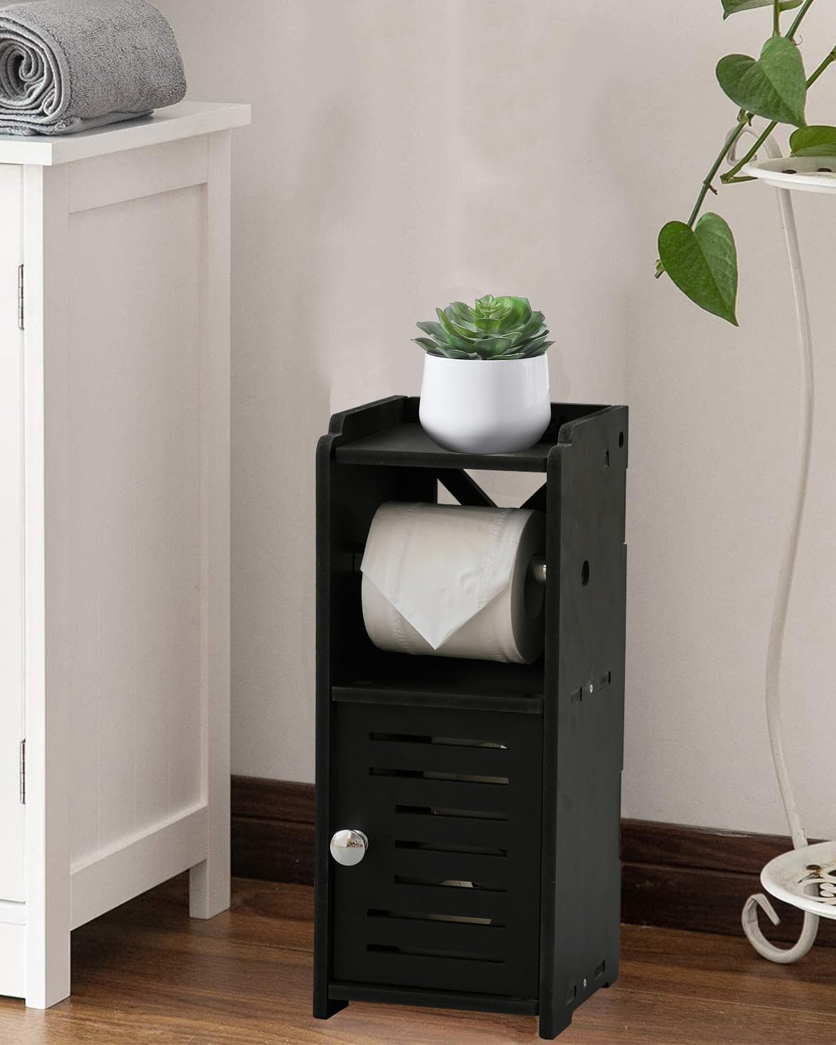 AOJEZOR Toilet Paper Holder Stand: No Drill PVC Small Bathroom Cabinet for Apartment Dwellers - Rental Deposit Protection - Small Space Storage Saving - Homesidy.com