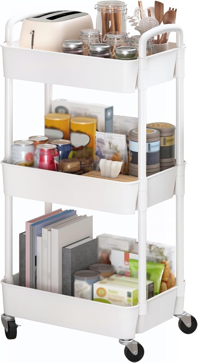 Sywhitta 3 - Tier Plastic Rolling Utility Cart with Handle, Multi - Functional Storage Trolley for Office, Living Room, Kitchen, Movable Storage Organizer with Wheels, White - Homesidy.com