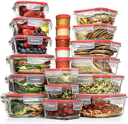 Razab 35 Pc Set Glass Food Storage Containers with Lids - Meal Prep Airtight Bento Boxes BPA - Free 100% Leak Proof (15 lids,15 glass &amp; 5 Plastic Sauce/Dip Containers) - Homesidy.com