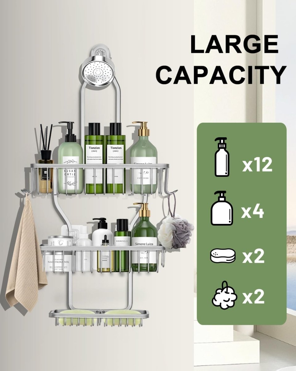 MSAICOE Shower Caddy Hanging - Never Rust Shower Hanging Organizer - Aluminum Over the ShowerHead Caddy with Soap Basket and 6 Hooks for Razor/Sponge (Black) - Homesidy.com