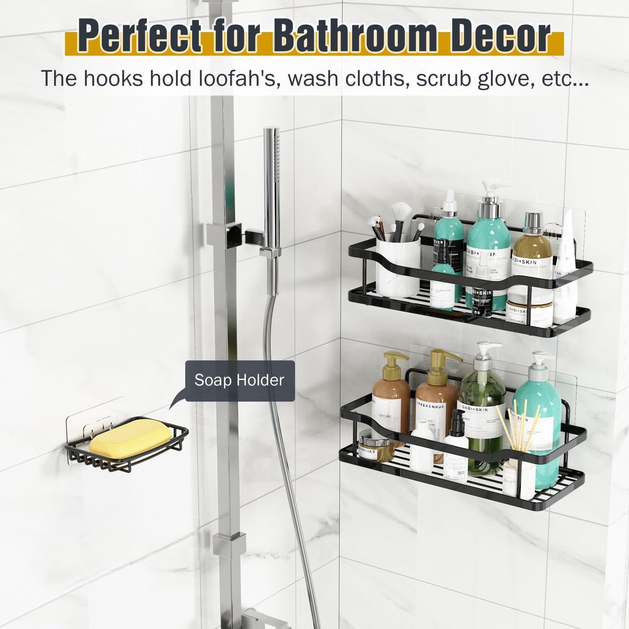 OMAIRA 3 - Pack Shower Caddy with Soap Holder, Adhesive Rustproof No - drill Strudy Loading Inside Shower Organizer Shelves Rack Storage Bathroom Organization for Smooth Wall Glass Tile, Black (Large) - Homesidy.com