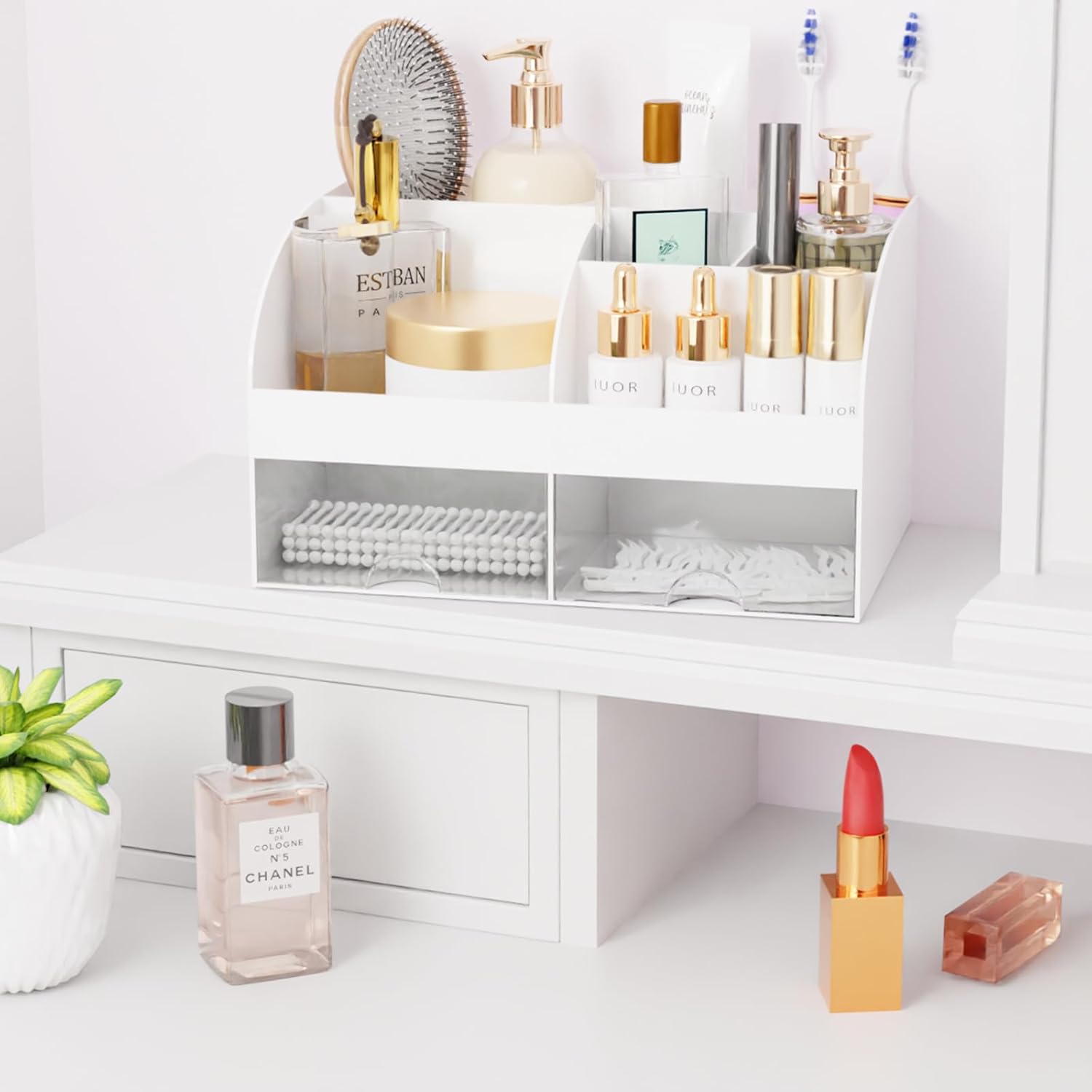 Makeup Organizer with Drawers, Cosmetic Storage for Dresser Vanity and Bathroom Countertop, Beauty Holder for Lipstick Brush, Skincare Organizer for Vanity, Cosmetic Display Case (White) - Homesidy.com