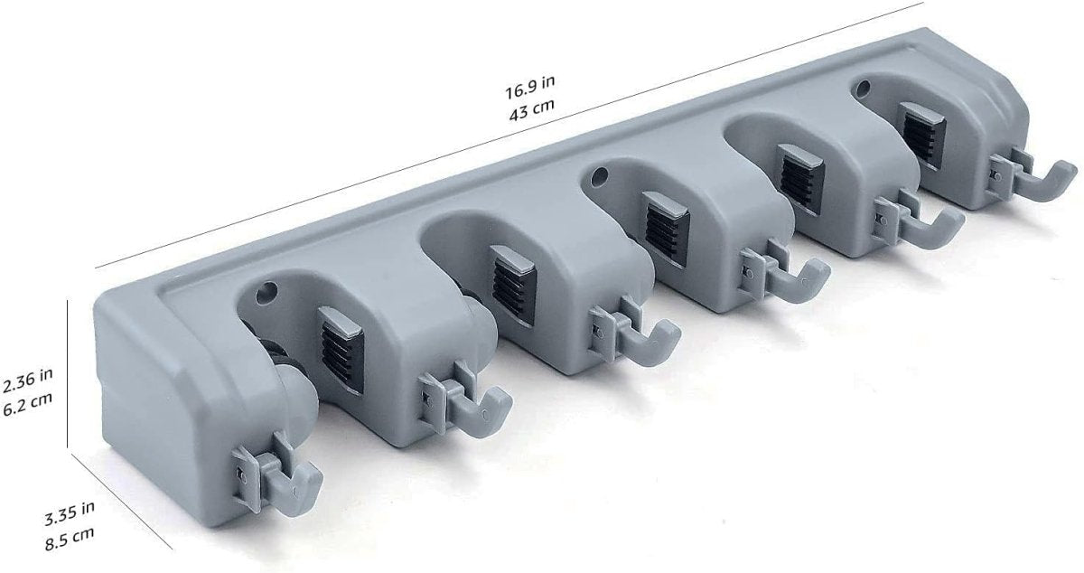 Amazon Basics Rectangular Heavy Duty, Wall Mount Storage Broom, Mop Holder or Tool Organizer with Hooks and Slots for Home, Garage, Garden, Laundry, or Kitchen, 2.36 x 16.9 x 3.35 in, Gray - Homesidy.com