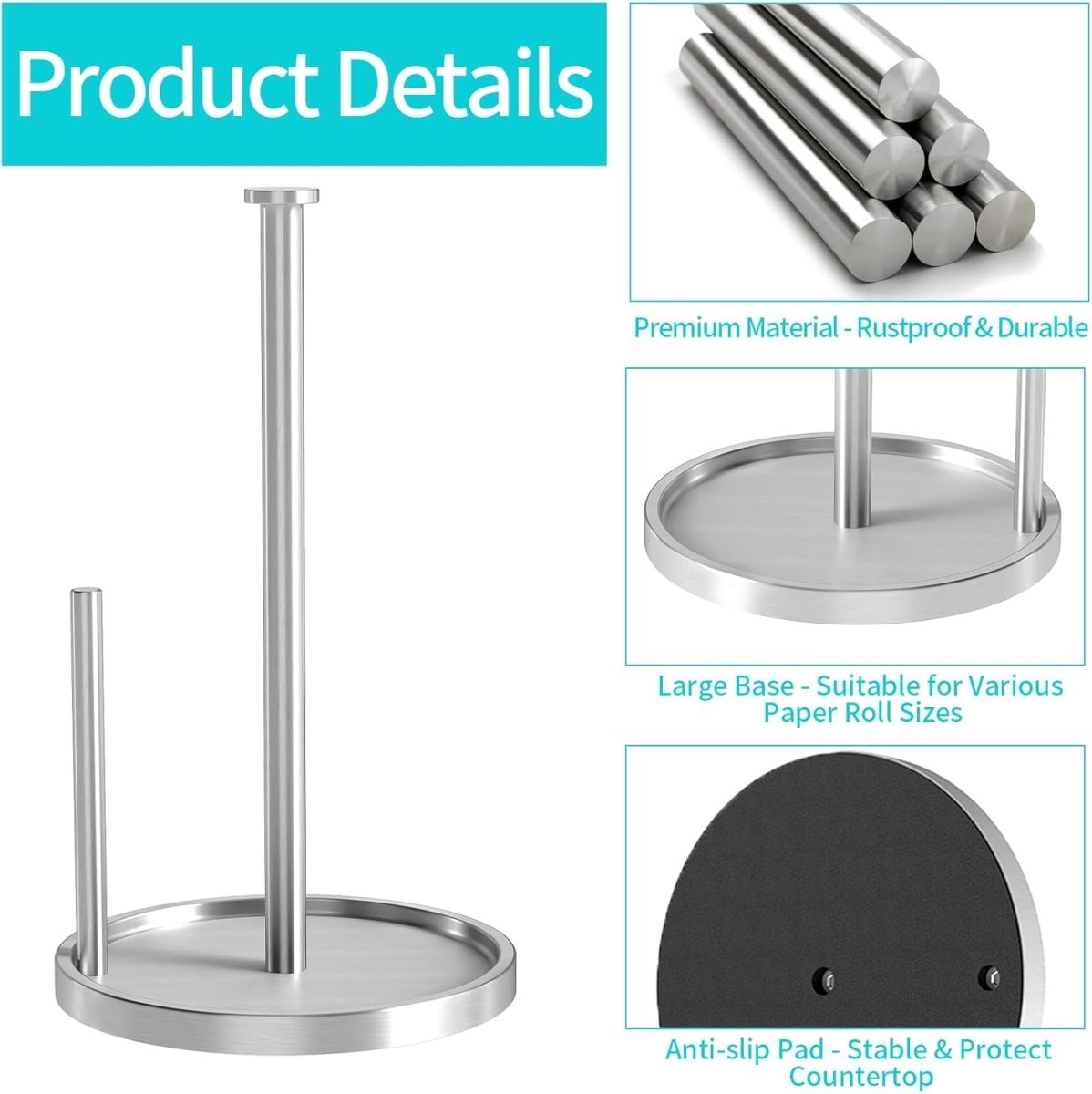Paper Towel Holder Countertop, Standing Paper Roll Holder with Anti Slip Weighted Base, Stainless Steel Freestanding Paper Towel Holder for Kitchen, Black - Homesidy.com