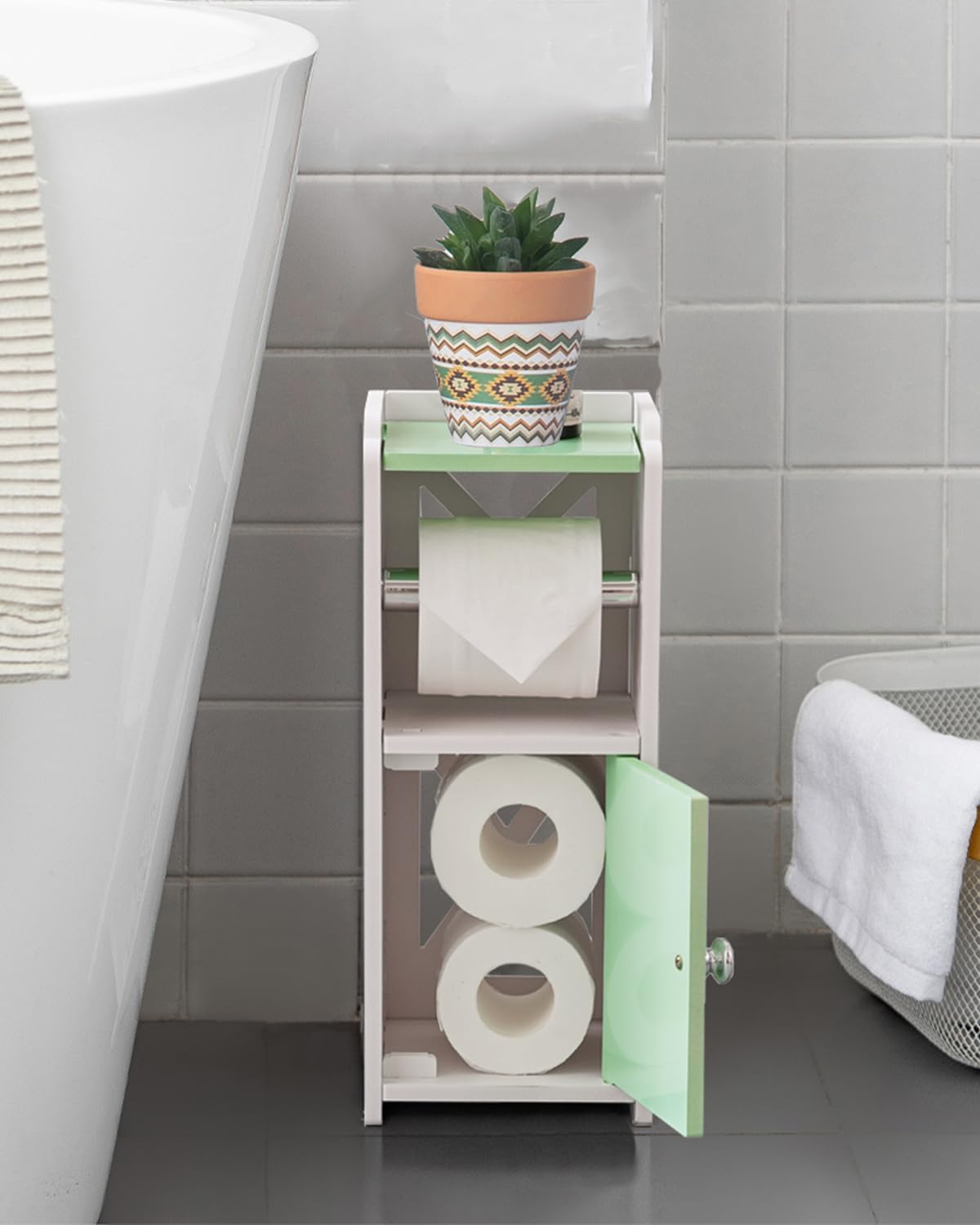AOJEZOR Toilet Paper Holder Stand: No Drill PVC Small Bathroom Cabinet for Apartment Dwellers - Rental Deposit Protection - Small Space Storage Saving - Homesidy.com