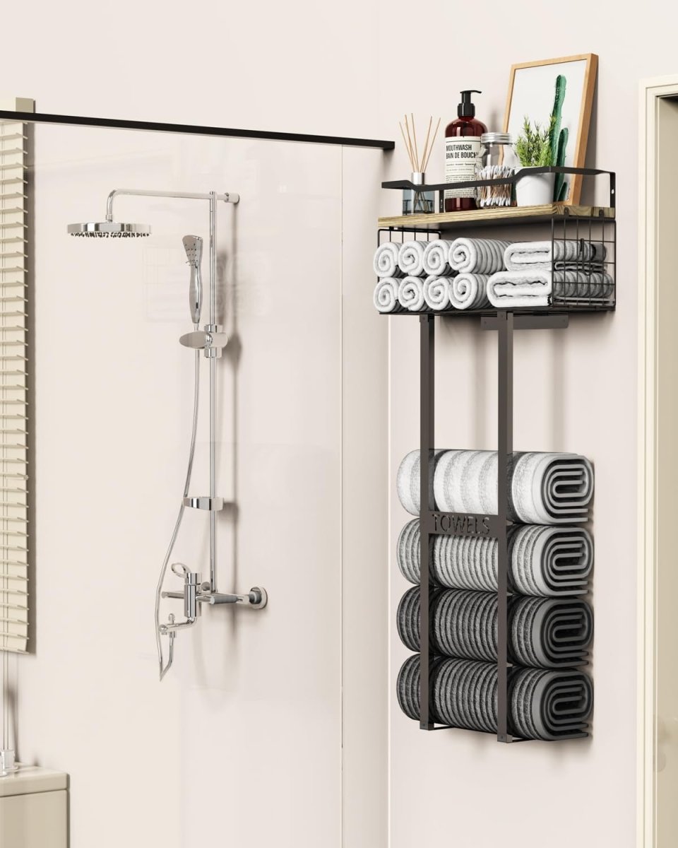 Aetyord Towel Racks for Bathroom 31inch Wall Mounted Towel Rack,Floating Shelf with Wood Plank,Towel Storage for Bathroom can Holds 6 Large Rolled Towels,All Black - Homesidy.com
