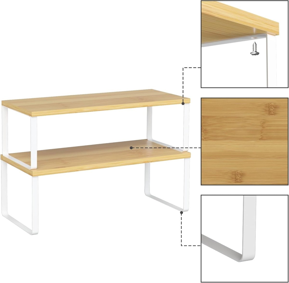 NEX Bamboo Kitchen Cabinet and Counter Shelf Organizer, Stackable &amp; Expandable, Set of 4, White and Natural - Homesidy.com
