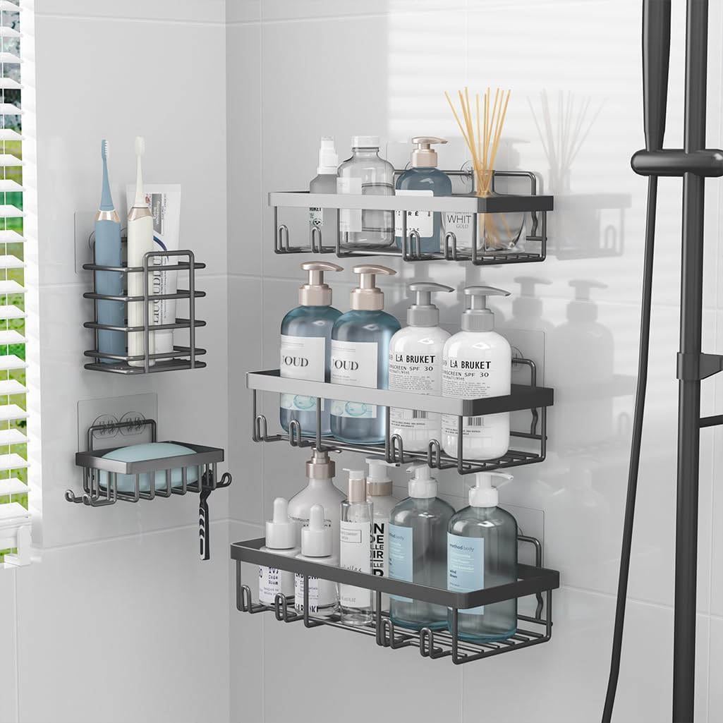 Liuoud 5 Pack Shower Caddy Organizer Rack Shelf for Inside Shower, Adhesive Bathroom Wall Storage Basket Rustproof Stainless Steel Shampoo Holder, Girly Bathroom Accessory Decor Set, Pink - Homesidy.com