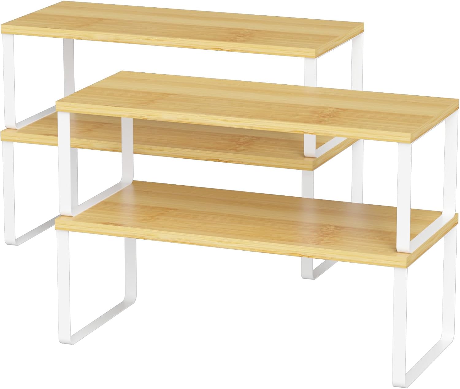 NEX Bamboo Kitchen Cabinet and Counter Shelf Organizer, Stackable &amp; Expandable, Set of 4, White and Natural - Homesidy.com