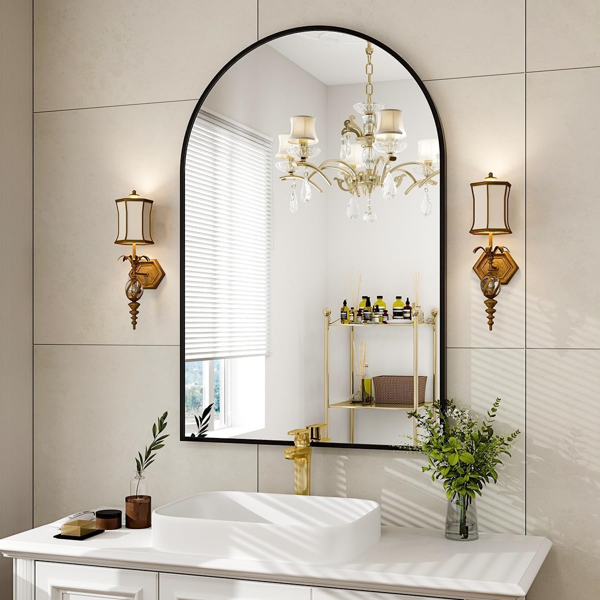 VooBang Arched Wall Mirror, 30 x 38 inch Arch Bathroom Mirror, Wall Mounted Vanity Mirror with Arch Metal Frame, Modern Bathroom Vanity Mirror for Bedroom, Living Room, Hanging or Leaning, Black - Homesidy.com