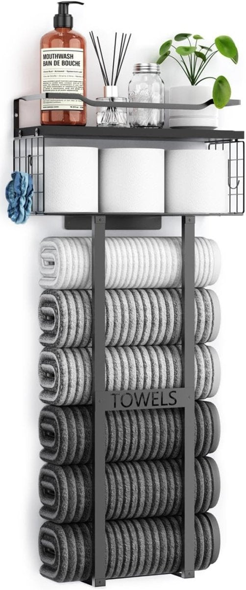 Aetyord Towel Racks for Bathroom 31inch Wall Mounted Towel Rack,Floating Shelf with Wood Plank,Towel Storage for Bathroom can Holds 6 Large Rolled Towels,All Black - Homesidy.com