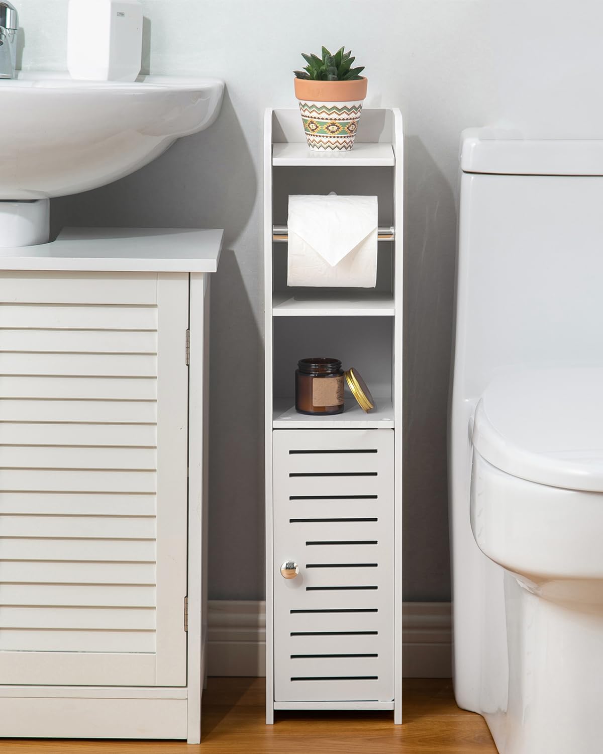 AOJEZOR Toilet Paper Holder Stand: No Drill PVC Small Bathroom Cabinet for Apartment Dwellers - Rental Deposit Protection - Small Space Storage Saving - Homesidy.com