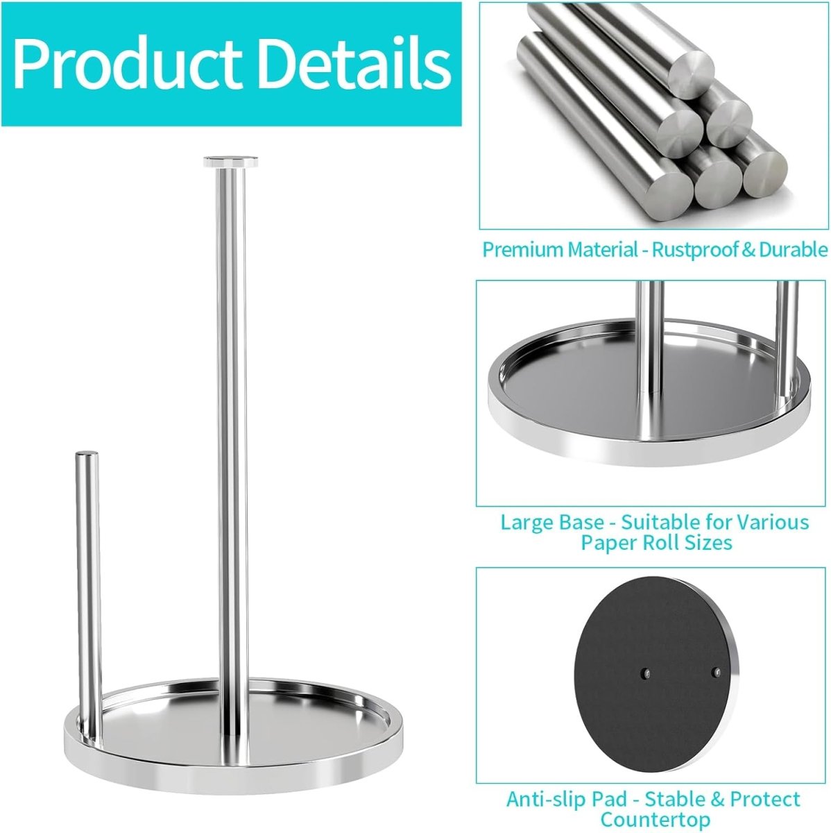 Paper Towel Holder Countertop, Standing Paper Roll Holder with Anti Slip Weighted Base, Stainless Steel Freestanding Paper Towel Holder for Kitchen, Black - Homesidy.com