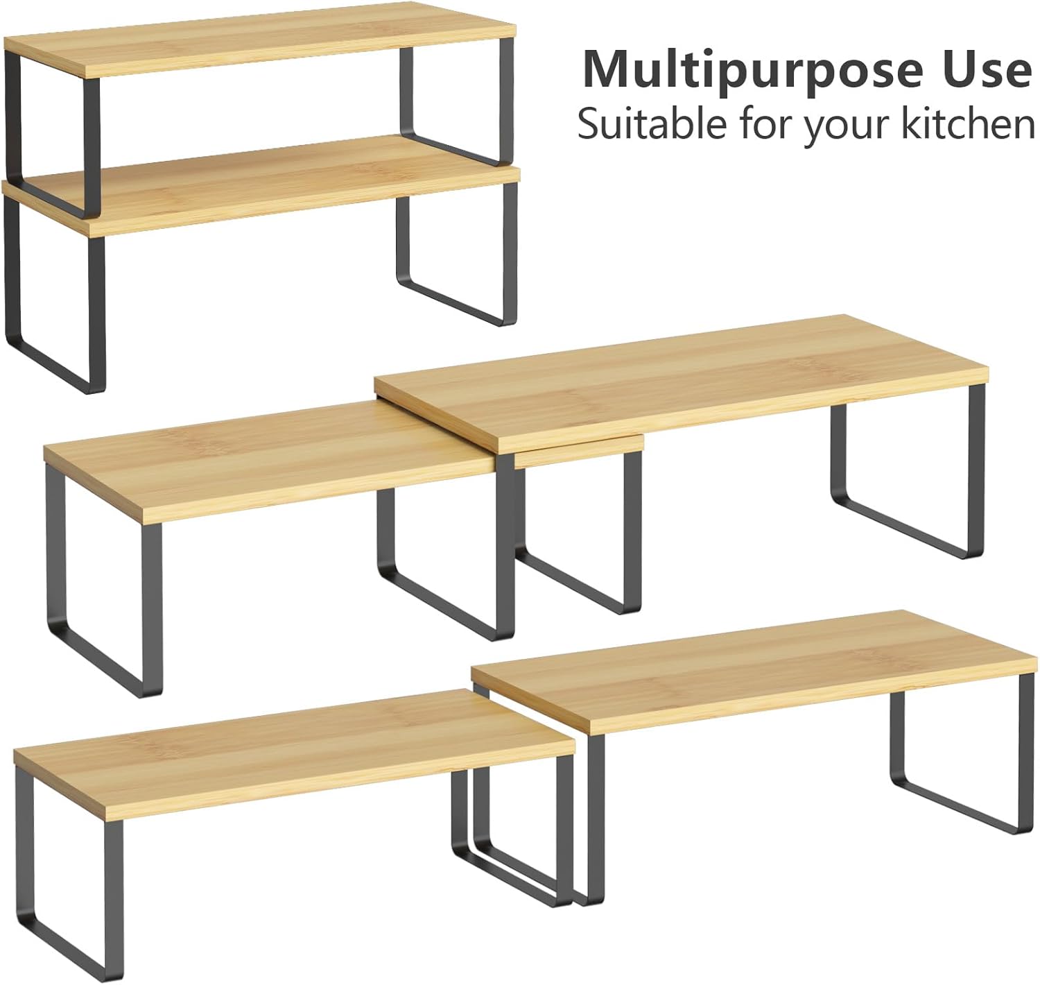 NEX Bamboo Kitchen Cabinet and Counter Shelf Organizer, Stackable &amp; Expandable, Set of 4, White and Natural - Homesidy.com