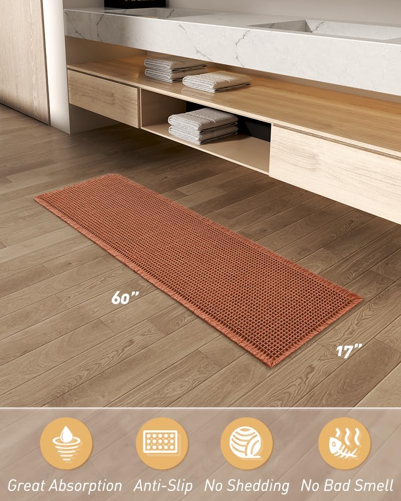 AMOAMI Upgraded Waffle Bath Mat, Super Absorbent Non Slip Bath Mats for Bathroom Floor, Machine Washable Bathroom Rugs with Tassels, Rubber Backed Bathroom Mats, Ultra Soft, 18&34; x 30&34;, Brown - Homesidy.com