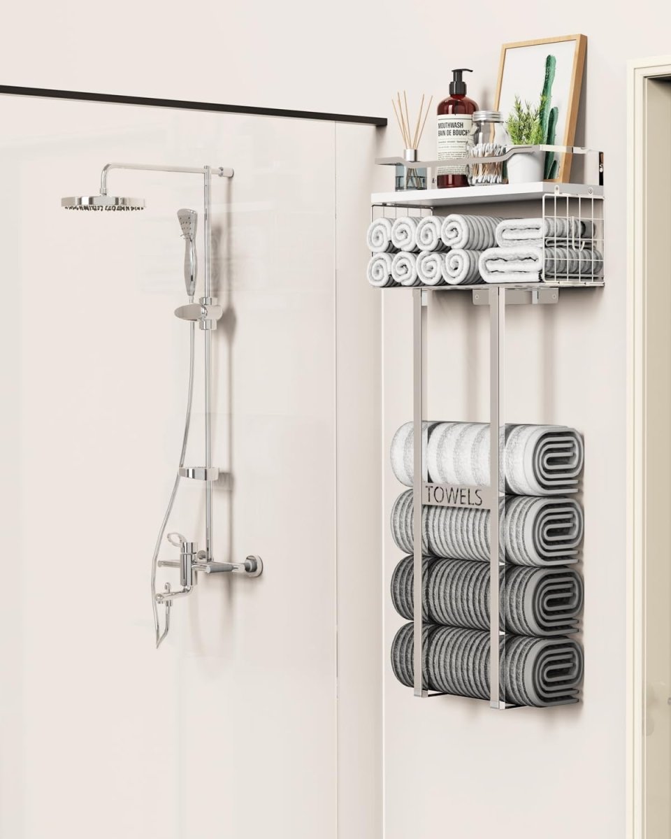 Aetyord Towel Racks for Bathroom 31inch Wall Mounted Towel Rack,Floating Shelf with Wood Plank,Towel Storage for Bathroom can Holds 6 Large Rolled Towels,All Black - Homesidy.com
