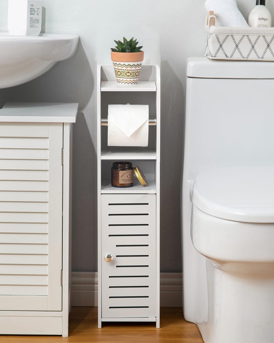 AOJEZOR Toilet Paper Holder Stand: No Drill PVC Small Bathroom Cabinet for Apartment Dwellers - Rental Deposit Protection - Small Space Storage Saving - Homesidy.com