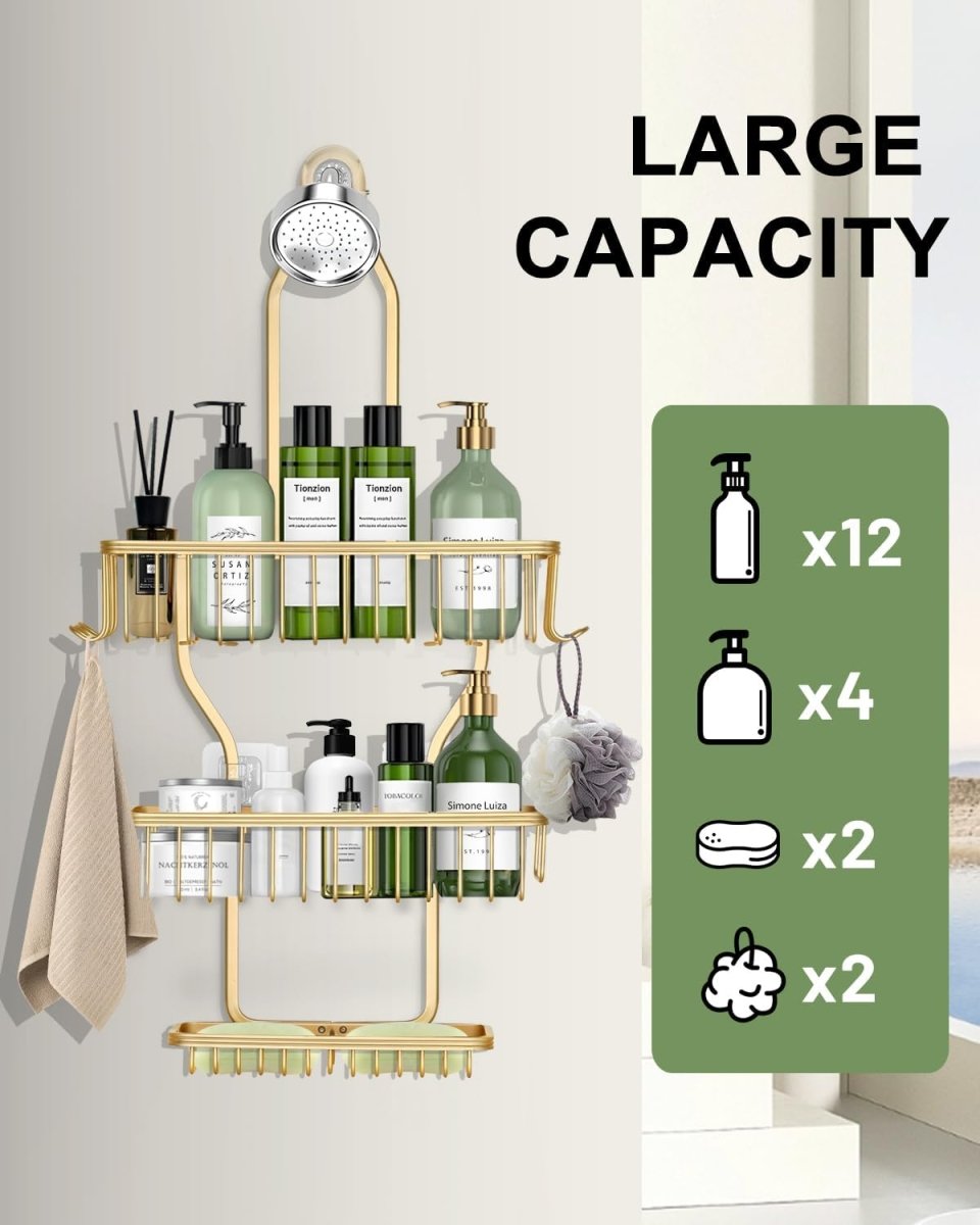 MSAICOE Shower Caddy Hanging - Never Rust Shower Hanging Organizer - Aluminum Over the ShowerHead Caddy with Soap Basket and 6 Hooks for Razor/Sponge (Black) - Homesidy.com