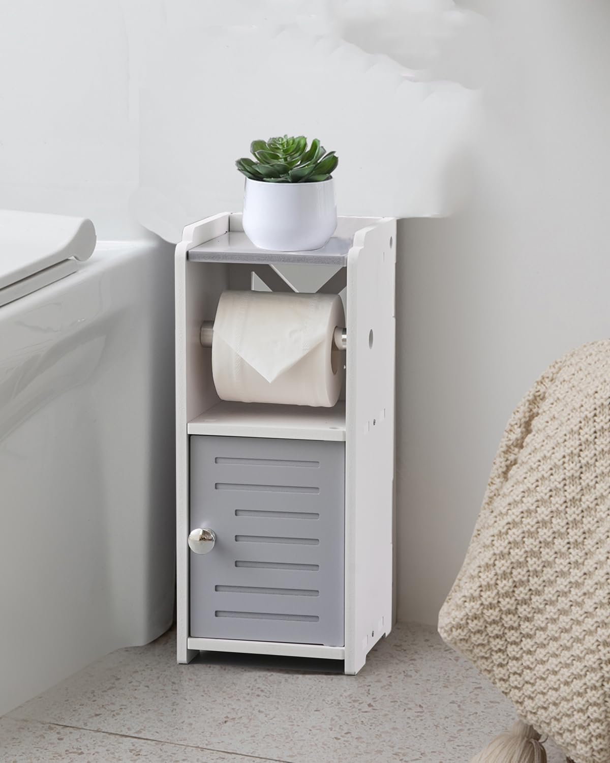 AOJEZOR Toilet Paper Holder Stand: No Drill PVC Small Bathroom Cabinet for Apartment Dwellers - Rental Deposit Protection - Small Space Storage Saving - Homesidy.com