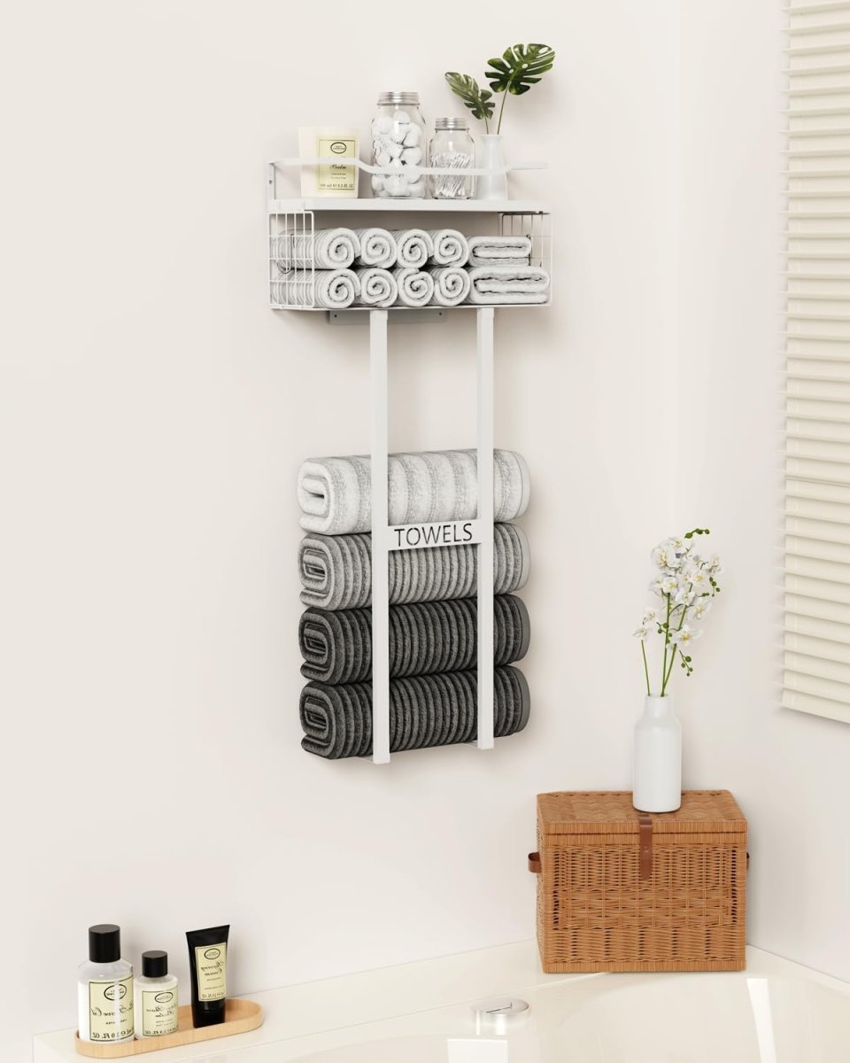 Aetyord Towel Racks for Bathroom 31inch Wall Mounted Towel Rack,Floating Shelf with Wood Plank,Towel Storage for Bathroom can Holds 6 Large Rolled Towels,All Black - Homesidy.com