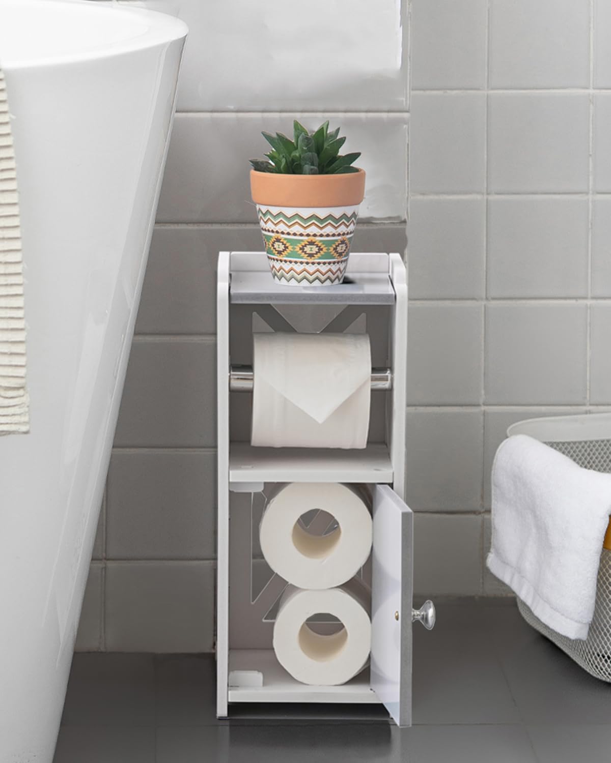 AOJEZOR Toilet Paper Holder Stand: No Drill PVC Small Bathroom Cabinet for Apartment Dwellers - Rental Deposit Protection - Small Space Storage Saving - Homesidy.com