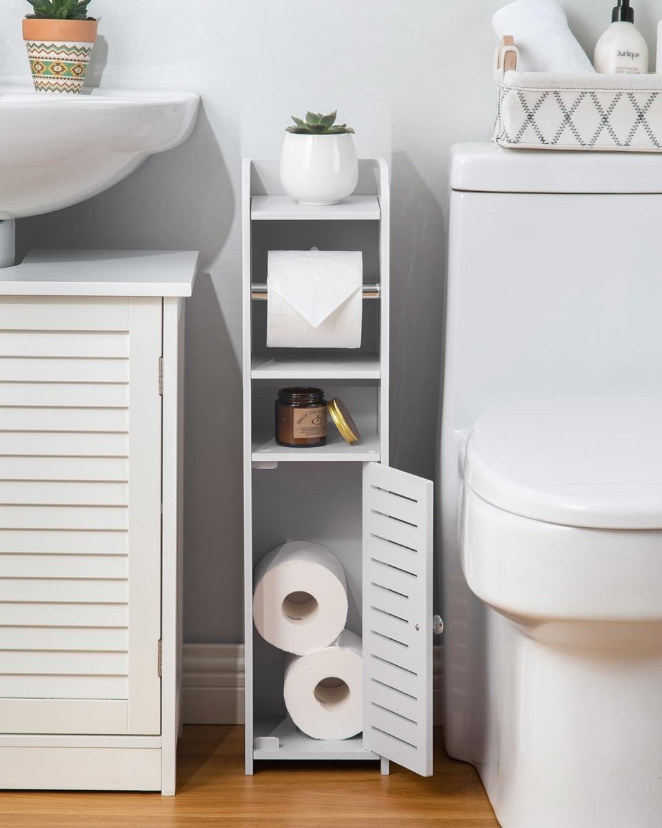 AOJEZOR Toilet Paper Holder Stand: No Drill PVC Small Bathroom Cabinet for Apartment Dwellers - Rental Deposit Protection - Small Space Storage Saving - Homesidy.com