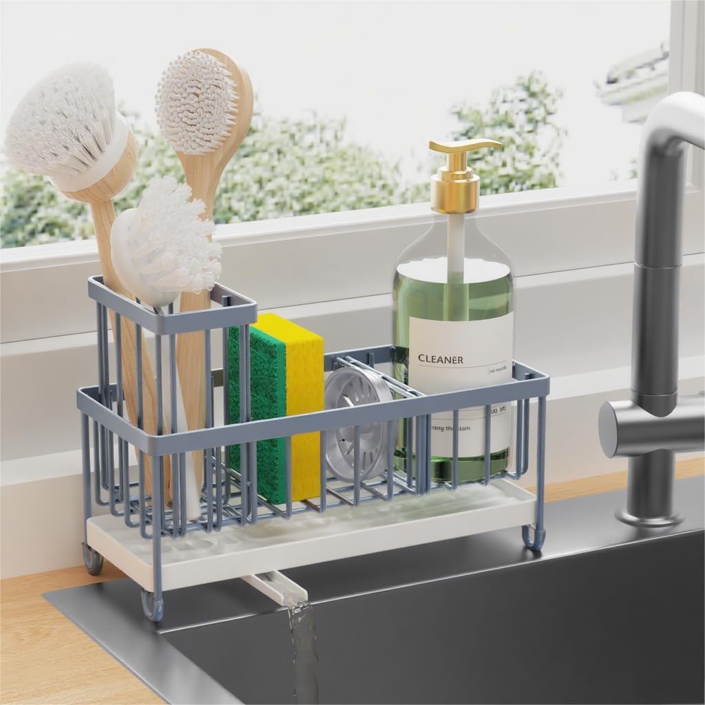 Cisily Black Sponge Holder for Kitchen Sink, Sink Caddy Organizer with High Brush Holder, Kitchen Countertop Organizers and Storage Essentials, Rustproof 304 Stainless Steel, Soap Dispenser Organize - Homesidy.com
