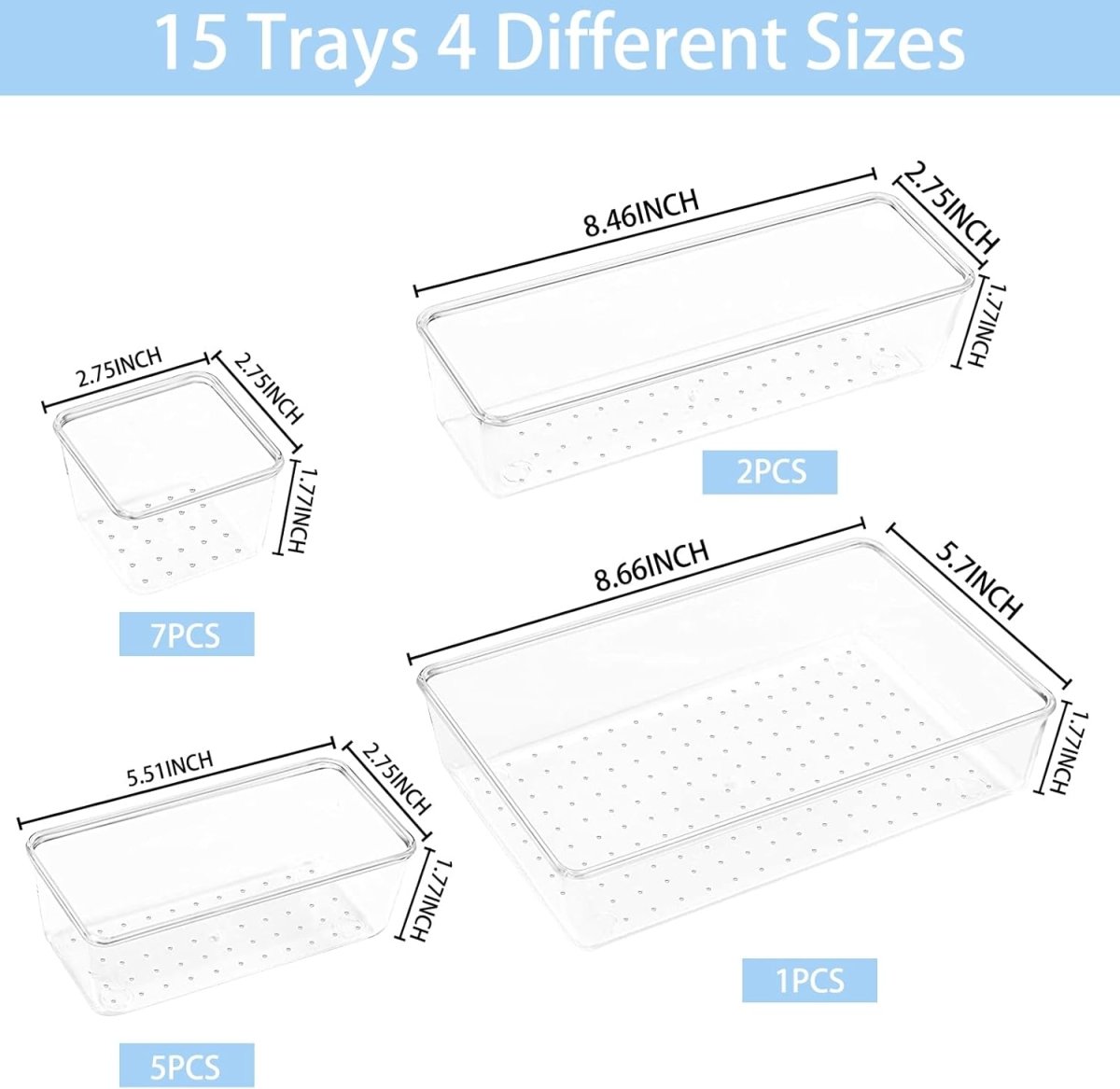 Manalete Drawer Organizers Set of 15, 4 Sizes Clear Plastic Drawer Organizers and Storage Bins for Kitchen, Bathroom, Office, Dresser Desk Drawer Organizer Tray for Jewelry, Makeup, Junk, Gadgets - Homesidy.com