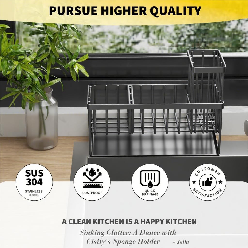 Cisily Kitchen Sink Caddy Organzier with High Brush Holder, Sponge Holder for Sink, 304 Rustproof Stainless, Kitchen Countertop Soap Dispenser Organizer, Kitchen Decor and Accessories - Homesidy.com