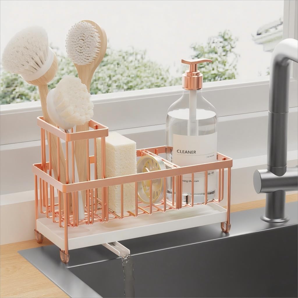 Cisily Black Sponge Holder for Kitchen Sink, Sink Caddy Organizer with High Brush Holder, Kitchen Countertop Organizers and Storage Essentials, Rustproof 304 Stainless Steel, Soap Dispenser Organize - Homesidy.com
