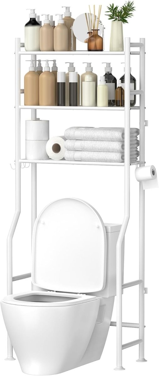 GloTika 3 - Tier Over The Toilet Storage, Space Saver Metal Bathroom Shelves, Freestanding Above Over Toilet Storage Shelf with 4 Hooks for Bathroom, Black - Homesidy.com