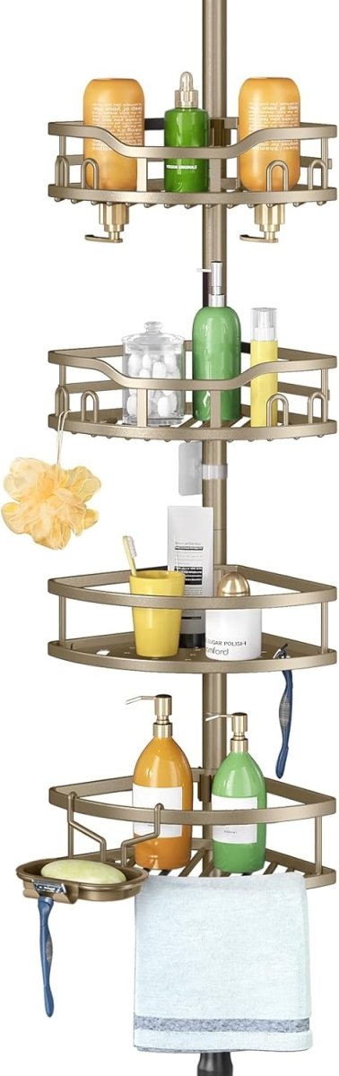 HAMITOR Corner Shower Caddy Tension Pole: Rustproof 4 - Tier Bathroom Organizer Shelves for Bathtub Shampoo Storage - 47 - 121 Inch Quick Install Adjustable Rod Standing Rack with Soap Rack - Silver Gray - Homesidy.com