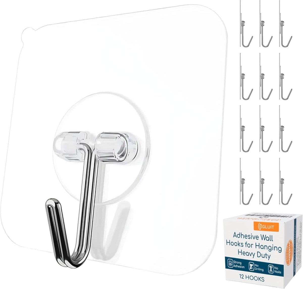 GLUIT Adhesive Wall Hooks for Hanging Heavy Duty 22 lbs Hooks for Walls No Damage, Towel Sticky Clear Hook, Waterproof, Home, Bathroom, Kitchen, Office, and Outdoor 12 Pack - Homesidy.com