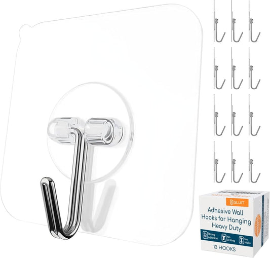 GLUIT Adhesive Wall Hooks for Hanging Heavy Duty 22 lbs Hooks for Walls No Damage, Towel Sticky Clear Hook, Waterproof, Home, Bathroom, Kitchen, Office, and Outdoor 12 Pack - Homesidy.com