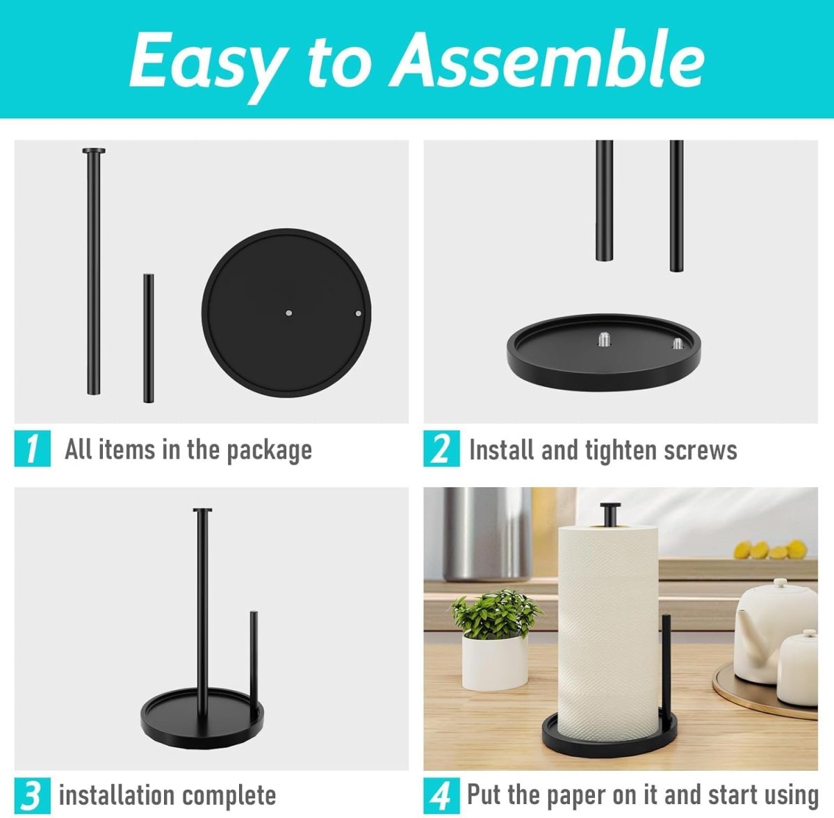 Paper Towel Holder Countertop, Standing Paper Roll Holder with Anti Slip Weighted Base, Stainless Steel Freestanding Paper Towel Holder for Kitchen, Black - Homesidy.com