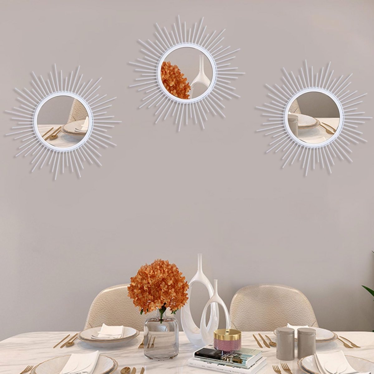 3 Pack Metal Mirrors for Wall Sunburst Wall Mirrors Home Décor Decorative Hanging Wall Art for Living Room Bedroom Entryway (Gold, Flower Sunburst) - Homesidy.com