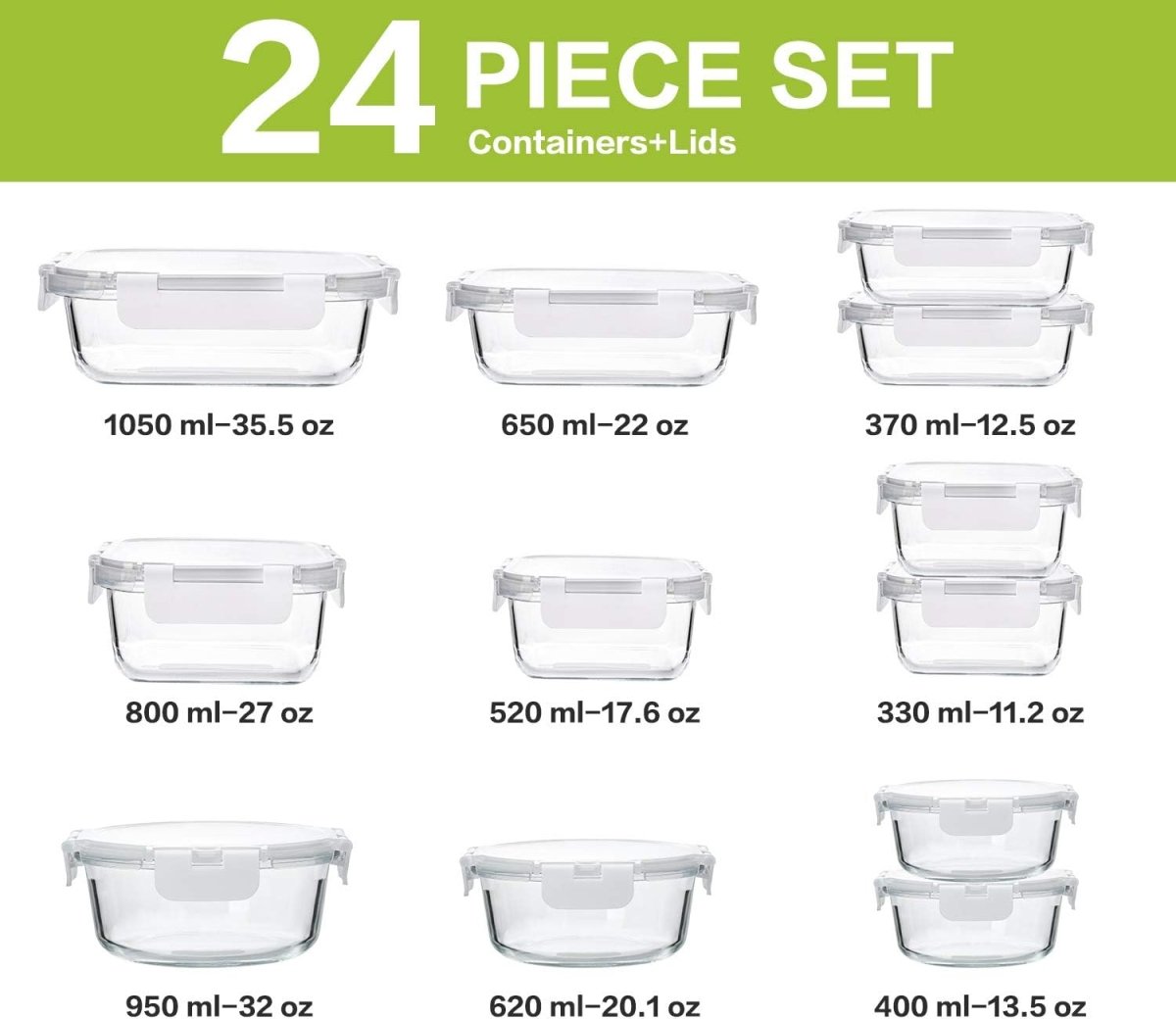 M MCIRCO 24 - Piece Glass Food Storage Containers with Upgraded Snap Locking Lids,Glass Meal Prep Containers Set - Airtight Lunch Containers, Microwave, Oven, Freezer and Dishwasher - Homesidy.com
