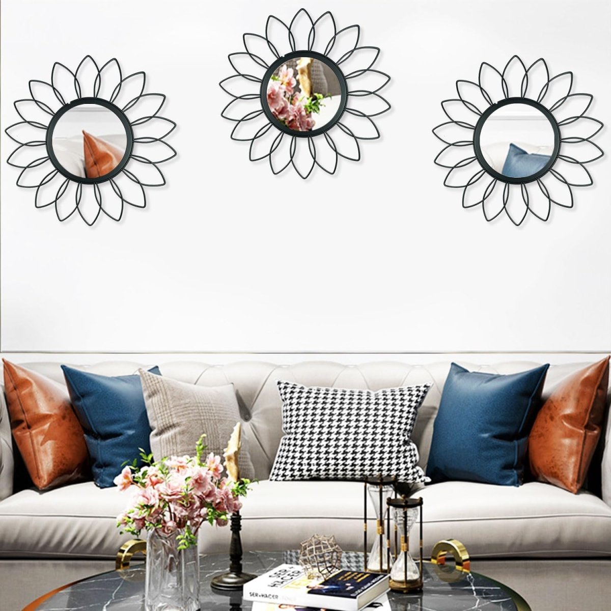 3 Pack Metal Mirrors for Wall Sunburst Wall Mirrors Home Décor Decorative Hanging Wall Art for Living Room Bedroom Entryway (Gold, Flower Sunburst) - Homesidy.com