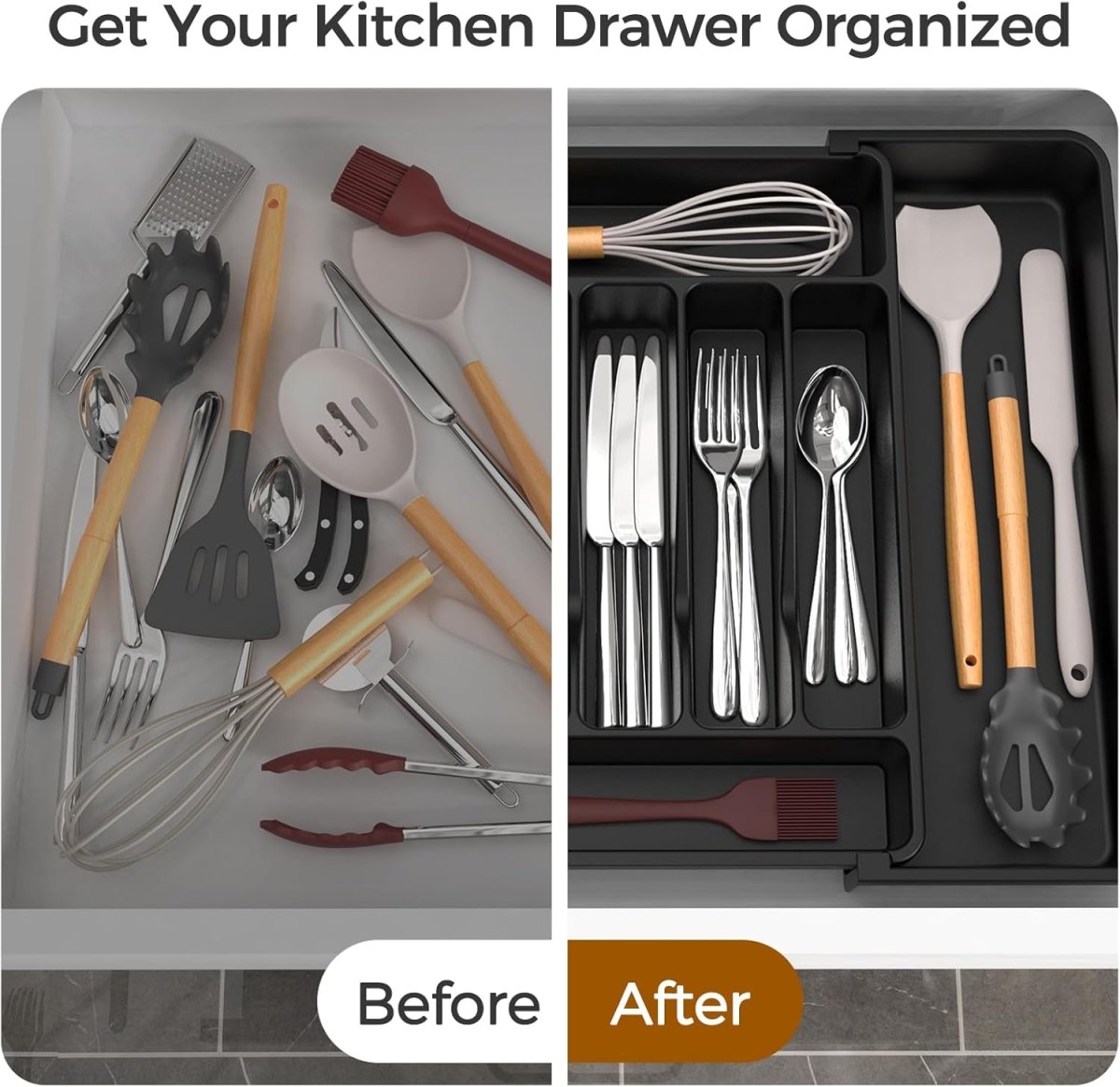 ukeetap Extra Large Expandable Silverware Organizer, BPA - Free Food - Safe Cutlery Flatware Organizer, Kitchen Utensil Drawer Organizer, Adjustable Silverware Holder for Spoons Forks Knives, Black - Homesidy.com