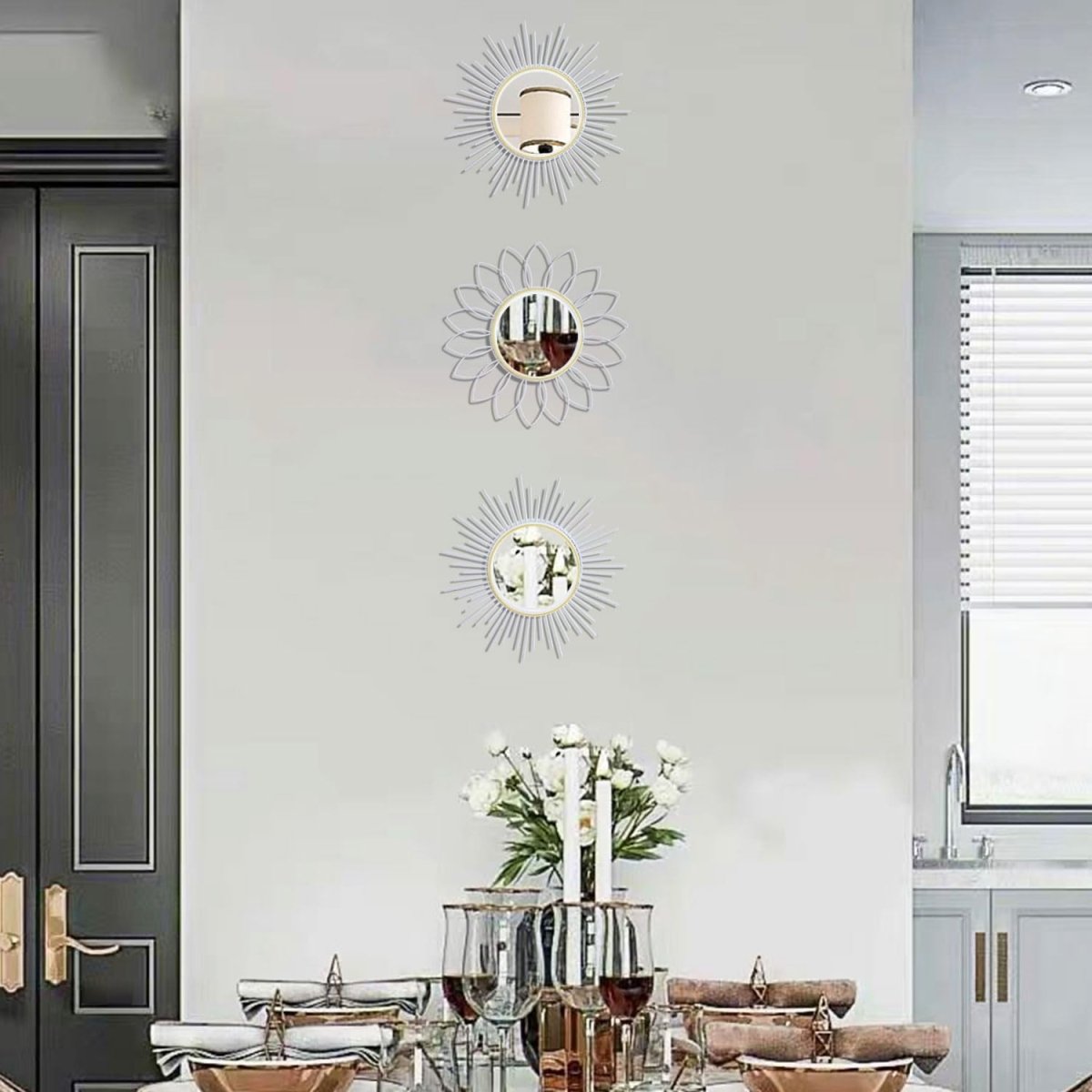 3 Pack Metal Mirrors for Wall Sunburst Wall Mirrors Home Décor Decorative Hanging Wall Art for Living Room Bedroom Entryway (Gold, Flower Sunburst) - Homesidy.com
