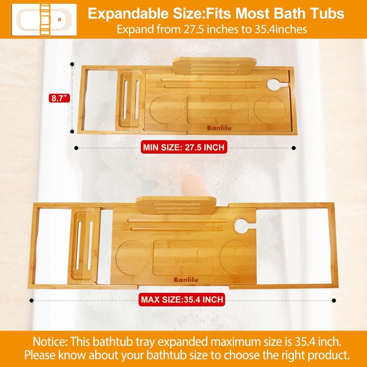 Premium Bamboo Bathtub Tray Caddy - Bath Tub Tray Table for Bathtub - Bath Caddy Tray for Bathtub, Expandable Size, Fits Most Bath Tubs - Homesidy.com