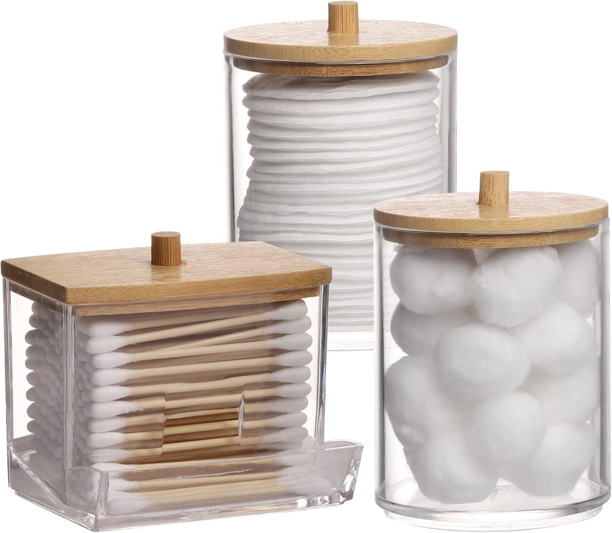 Tbestmax Qtips Holder Bathroom Container, 10 OZ Cotton Ball/Swabs Dispenser, Apothecary Jar Organizer for Storage Brown Wood Lids - Homesidy.com