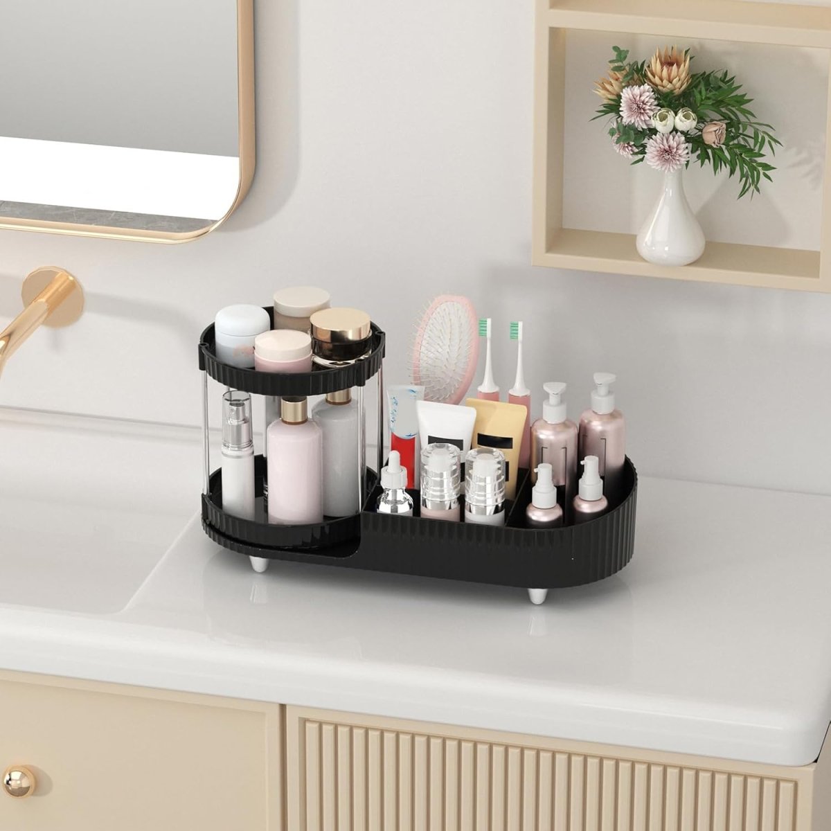Makeup Organizer Countertop for Vanity, Rotating Perfume Tray with 5 - compartment Cosmetic and Skincare Organizers, Multi - Purpose Desk Storage Makeup Brush Holder for Bathroom Bedroom Counter - Homesidy.com