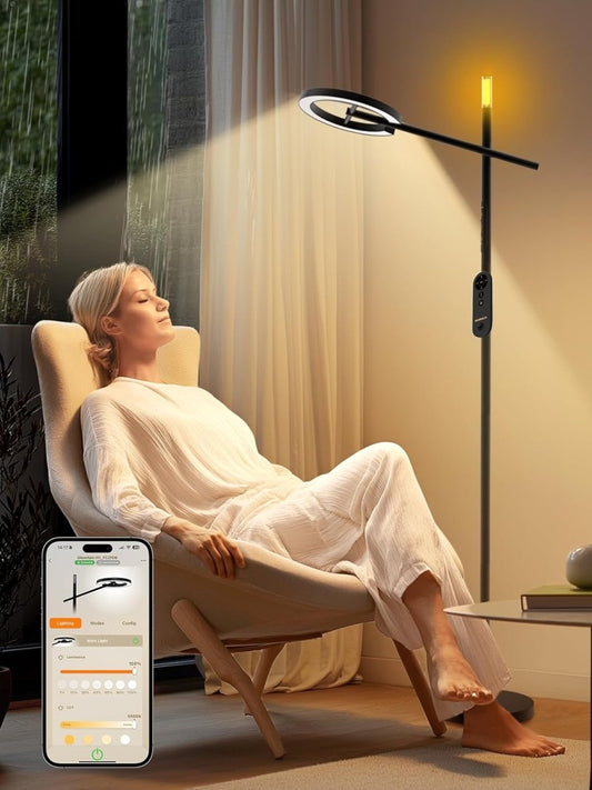 GLOWRIUM Smart Light Therapy Lamp, 10000 Lux UV - Free Sun Lamp, 2700 - 6500K Floor Lamp Therapy Light, Stepless Dimmable Energy Sunlight with App &amp; Remote, Timer, Cozy Light Settings for Winding Down - Homesidy.com